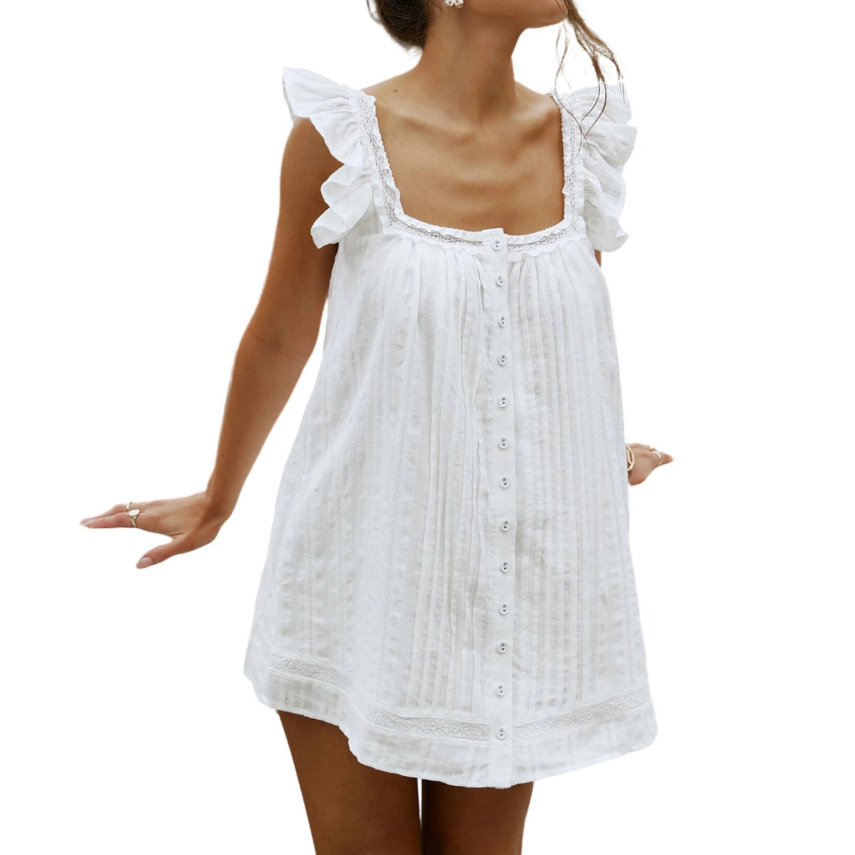 Cyflymder  Elegant Floral Print Sleeveless V-Neck Mini Dress with Ruffle Detail and Button Front - Summer Pleated A-Line Dress