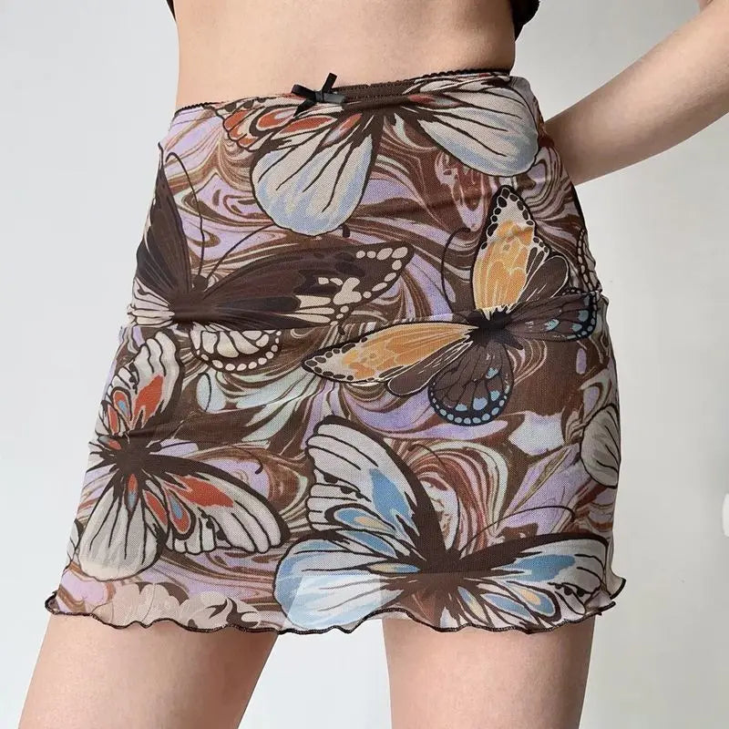 Cyflymder  New Summer American Retro Printed Mesh High-waisted Skirt for Women's Fashionable Slim Hip-packing Skirt