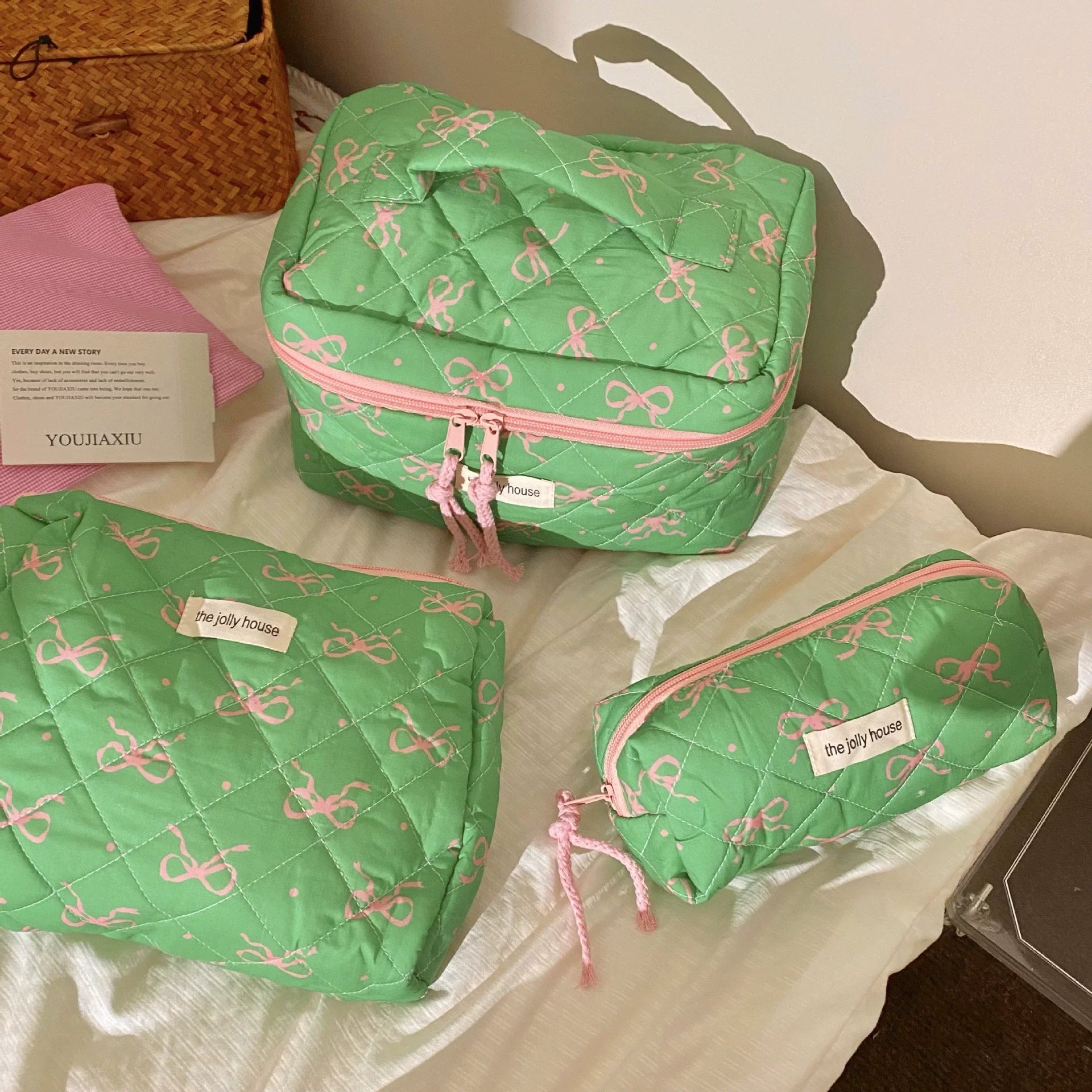 Cyflymder  1 Pc Korean Fashion Bow Pencil Case for Kids Girl Coffee Pink Green Color Dot Bow Stationery Bag Large Capacity Pen Storage Bag