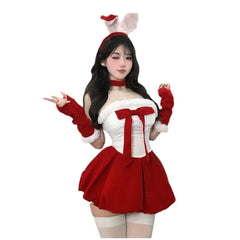 Cyflymder  Christmas Outfit For Women Sexy New Year Halloween Holiday Dresses Bunny Cosplay Velvet Red Dress Santa Party Performance Dance
