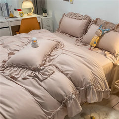 Cyflymder  Korean Solid Pure Cotton Bed Skirt Bedding Sets Washed Cotton Comforter Set with Lace Princess Soft and Skin-Friendly Bedclothes