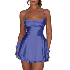 Cyflymder  Ladies' Silk And Satin Elegant Sexy Slim Beautiful Backless Short Dress Cowl Neck Cross Spaghetti Strap Party Pleated Mini Skirt