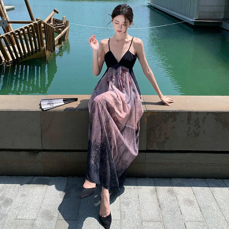 Cyflymder  Chinese Traditional Style Ink Print Dress Women's Summer Sling Sexy Collar Lazy Holiday Skirt