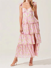 Cyflymder  Elegant Off-Shoulder Maxi Dress with Delicate Floral Print and Flowy Ruffled Layers Perfect for Spring and Summer Events