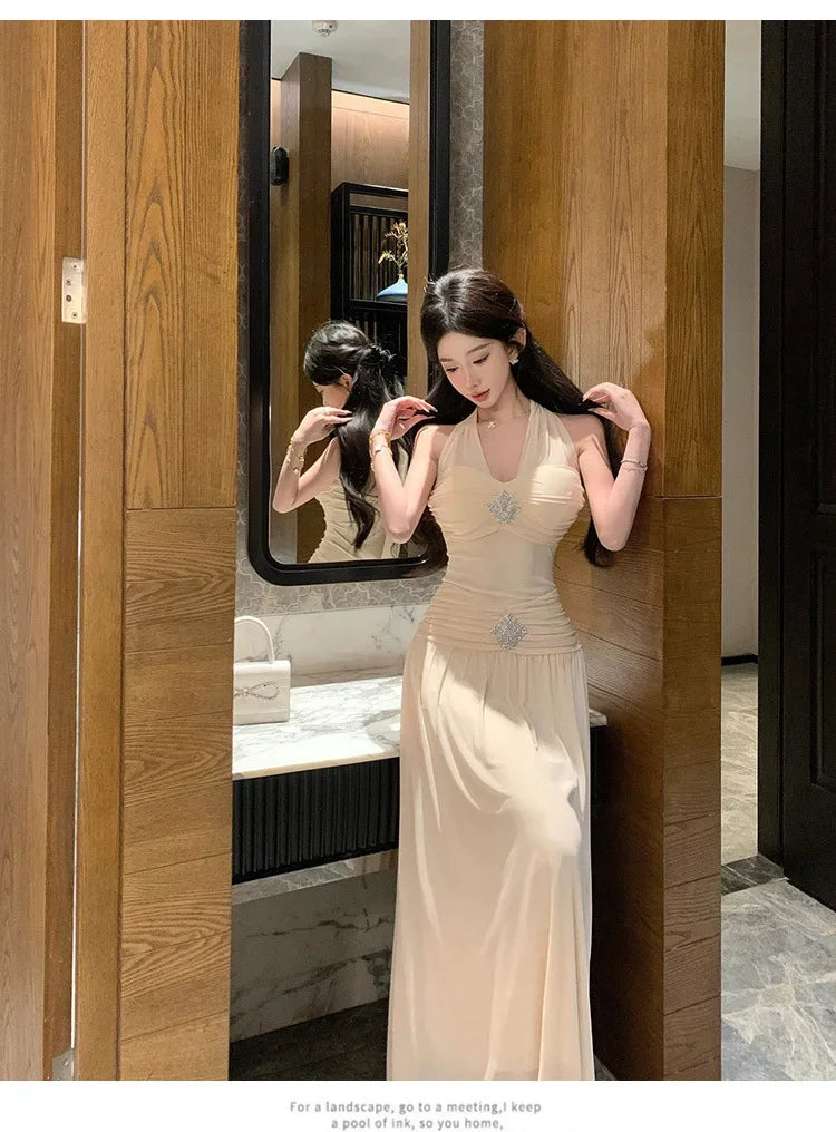 Cyflymder  French Style V-Neck Hanging Neck Slimming Long Dress Sexy Pure Desire Beach Vacation Dress Elegant Waist-Cut Gown