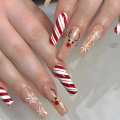 Cyflymder  Christmas Press on Nails Red Stripe Deer Snow Pattern Fake Nails for Women Wearable Winter Long Coffin/Almond False Nails