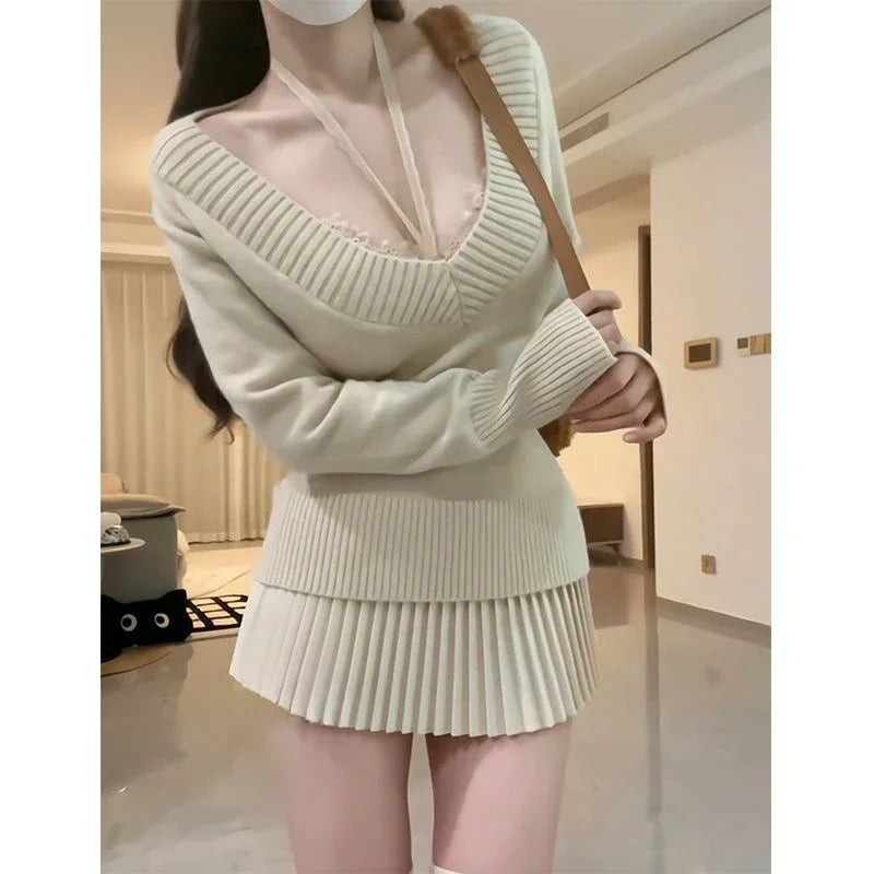 Cyflymder cute winter outfits Winter Japanese Kawaii Knitted New 3 Piece Set Women Solidpullover  Sweater +vest+pleated Skirt Female Sweet Designer Suit