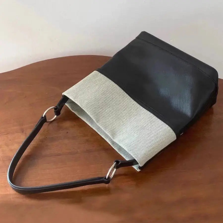 Cyflymder  Minimalist Design Black Tote Bag Women Linen Leather Patchwork Large Capacity Bucket Bag Ladies Versatile Commuter Shoulder Bags