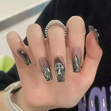Cyflymder Black Square Press On Nails with 3D Cross Designs - Full Cover Acrylic False Nails for Women and Girls Detachable Long Fake nail