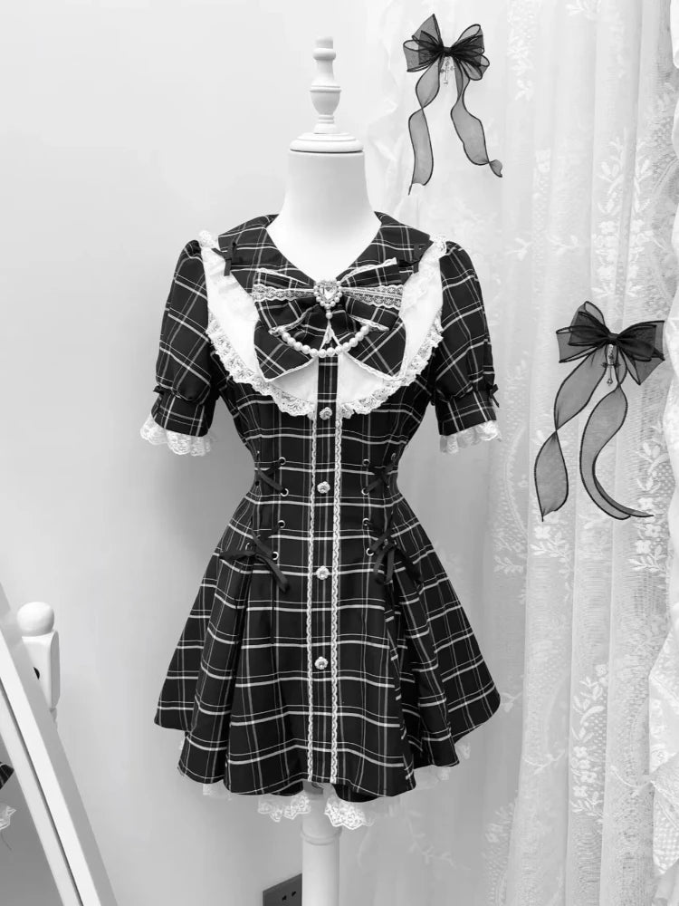 Cyflymder   New Summer Sweet Japanese Lolita Dress Set Women Cute Bow Lace Design Fashion Patchwork   Kawaii Outfits Pretty Slim Lovely Suit