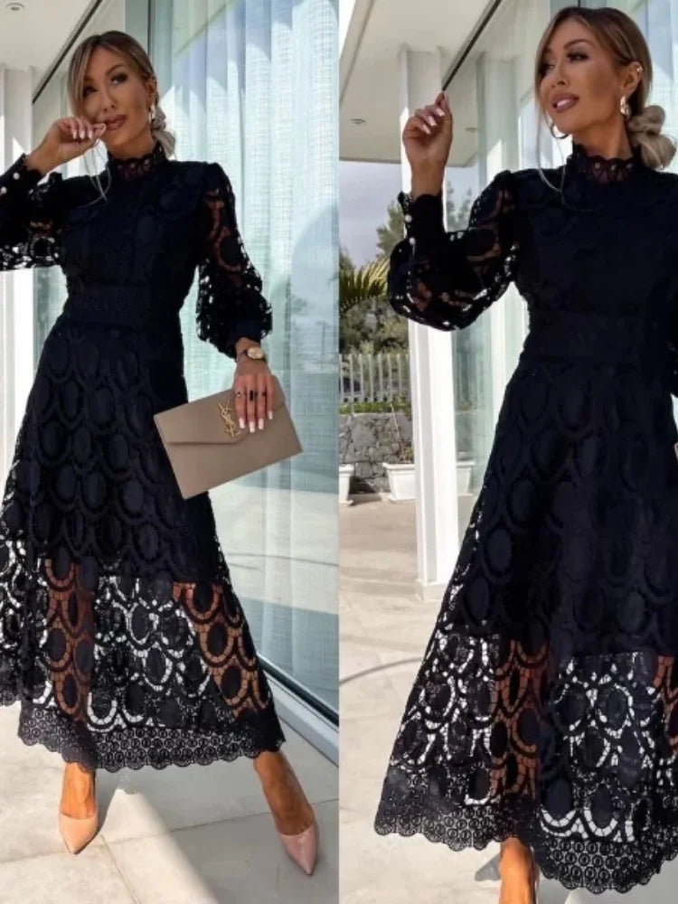 Cyflymder  Dresses for Women Wholesale Sexy Long Sleeved Stand Up Collar and Large Swing Lace Trim New  Fall Elegant Fashion Dress