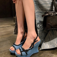 Cyflymder   Women's Denim Wedge Sandals, Fashion Peep Toe Bow Strap Platform High Heels, New Summer Comfort Versatile Casual Elevator Shoes