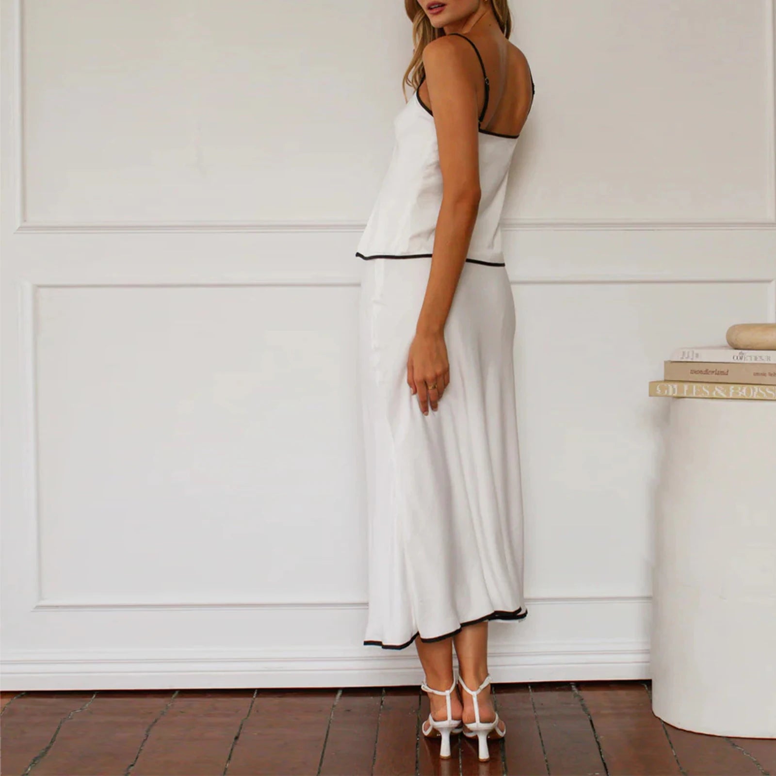 Cyflymder  Elegant Women's 2 Piece Summer Set Contrast Trim V Neck Open Front Knotted Crop Cami Tops Midi Dress for Party Club