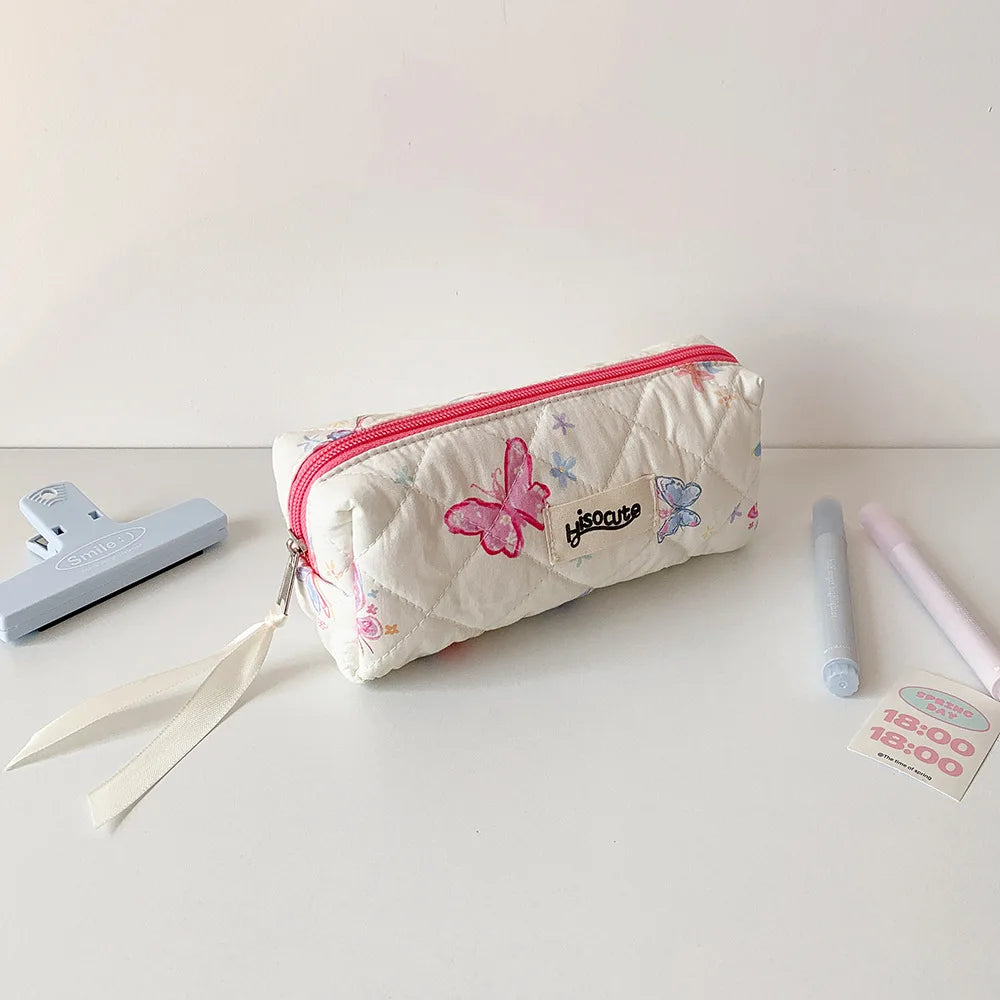 Cyflymder  1 Piece Korean Fashion Aesthetic Butterfly Pencil Case Print Floral Pink Purple Color Stationery Storage School Student Pen Bag