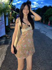 Cyflymder   Hottie Beach Dress Women Patchwork Lace Floral Print v-Neck Sleeveless Backless Sweet Style Streetwear Skinny Bodycon