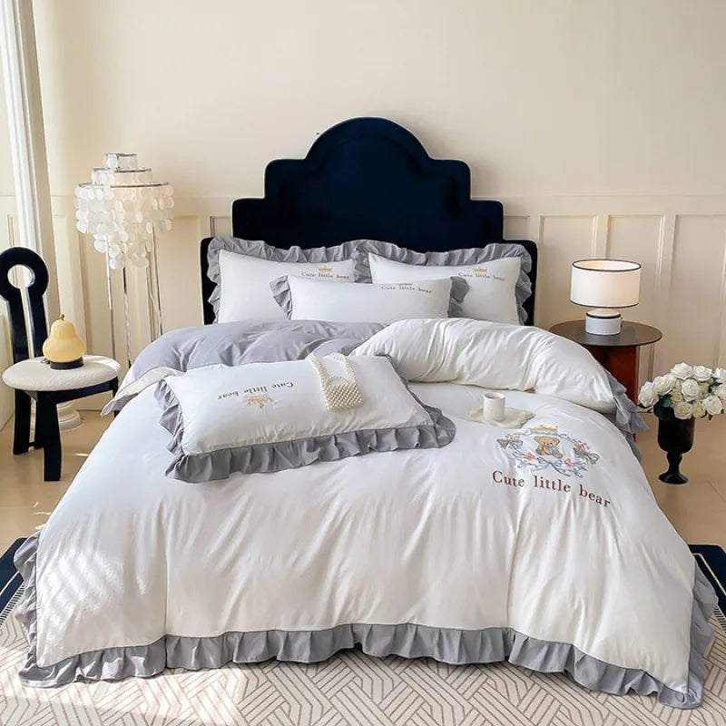 Cyflymder  French Embroidered Bed Skirt Bedding Sets Washed Cotton Knitted Bedclothes with Ruffled Edges Universal Size Textile Supplies