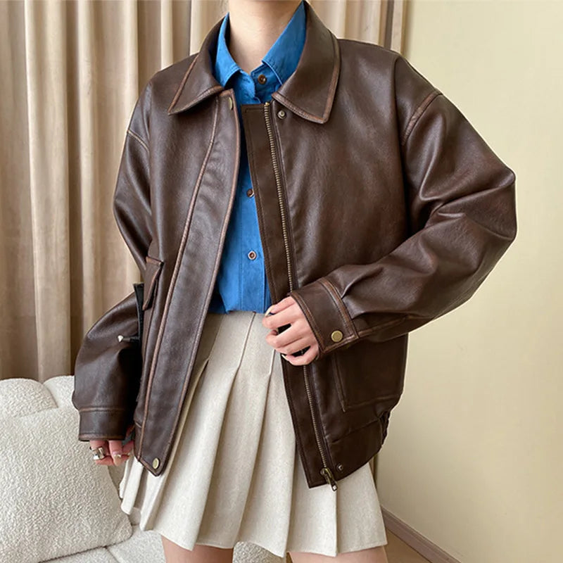 Cyflymder Vintage Maillard Leather Jacket Silhouette Craft PU Leather Motorcycle Jacket Top Women Loose Thickened Brown Coat Spring Autumn