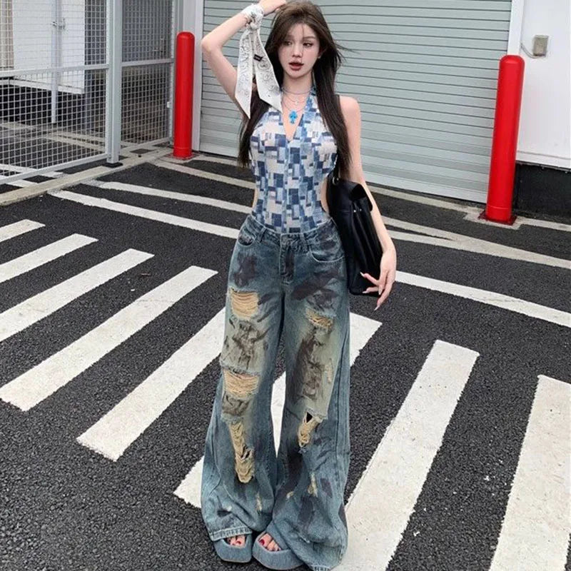 Cyflymder  Vintage Y2K Ripped Jeans for Women American Streetwear Baggy Grunge Wide Leg Trousers Female Hot-Girl High Waisted Denim Pants
