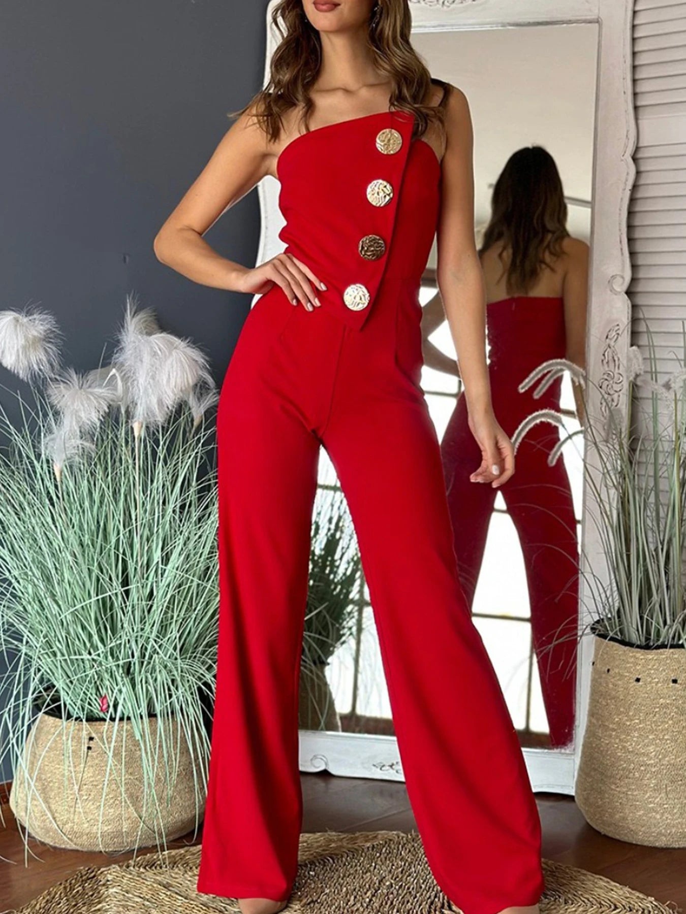 Cyflymder  New Women's Front Button Slim Fit Wide Leg Jumpsuit, Comfortable Fit, Fashionable and Casual Versatile Jumpsuit, Suitable F