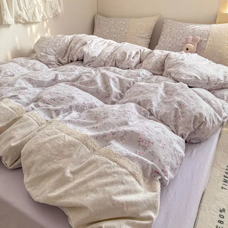 Cyflymder  INS French Style Fresh Floral Lace Trim Four-Piece Set Washed Cloud Cotton Quilt Cover Bed Sheet Dormitory Bed Sheet Sets