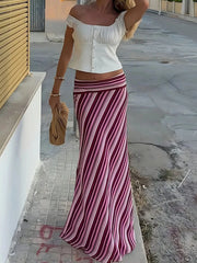 Cyflymder  Women Fashion Stripe Print Holiday Skirt Casual Draped Slim Fit Party Skirts Elegant Hight Waist Spring Summer Long Skirts