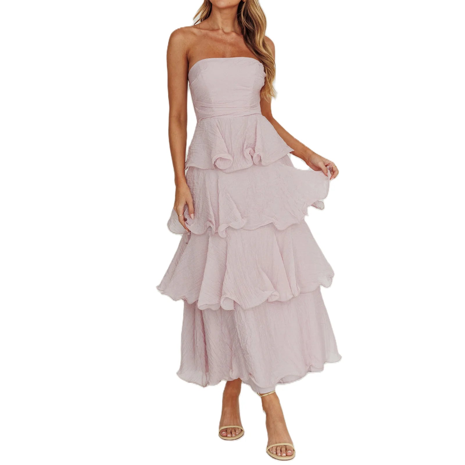 Cyflymder  Ruffled Tube Top Long Dress for Women Summer Solid Color Backless Strapless Sleeveless Tiered Cake Dress