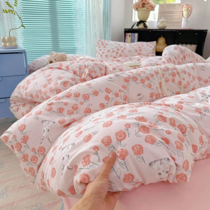 Cyflymder  INS Korean Style 2025 Floral Bedding Sets New Skin Friendly Soft Washed Cotton Printed Bed Sheet Sets