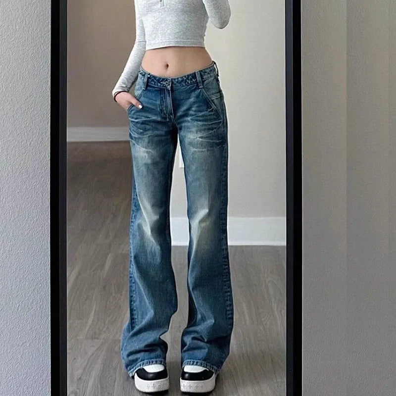 Cyflymder  Vintage Straight-Leg Jeans Women 2025 New Y2K Low Waist Pocket Loose Denim Pants Woman Korean Fashion Slimming Wide Leg Trousers