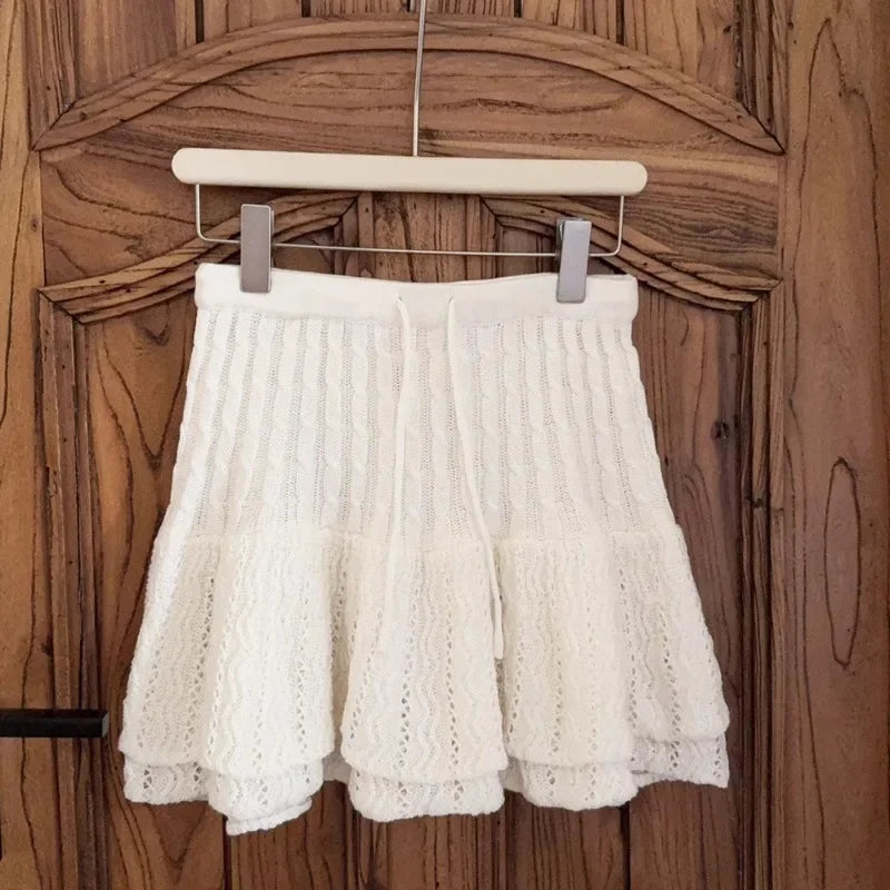 Cyflymder  Cute Knitted Skirts for Sweet Girls Double Layered Hollow Out Elastic Waist White Mini Skirt