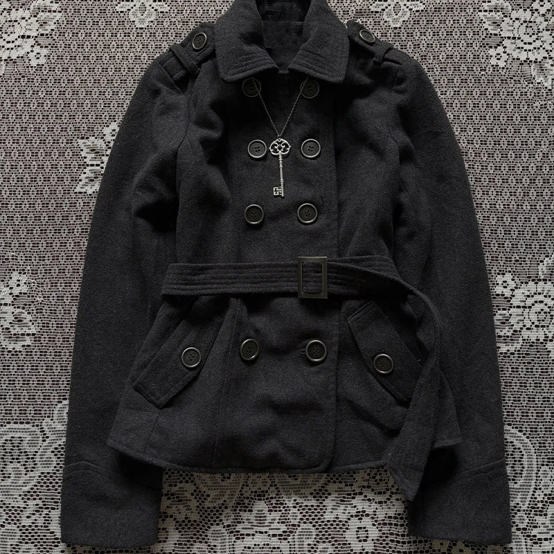 Cyflymder  Vintage Gothic Grunge Women Short Coat Double Breasted Belted Waist Autumn and winter Jacket Sweet Fashion Casual Chic Harajuku