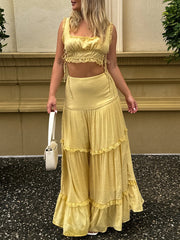 Cyflymder  Women s Summer 2Pcs Outfits Lace Trim Sleeveless U-Neck Tank Tops with Long Skirt Set Party Clothes