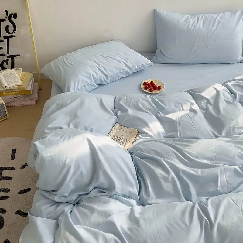 Cyflymder  INS Korean Style Fresh Blue Duvet Cover Washed Cotton Bed Sheet Bed Skirt Four-Piece Set Dormitory Simple Solid Color