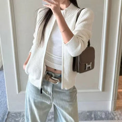Cyflymder  Spring Autumn Wool Sweater Jacket Women Stand Collar Long Sleeve Slim Zipper Outwear Vintage Wool Cashmere Jumper 267B