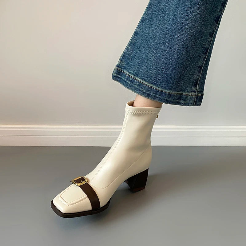 Cyflymder  Vintage Thick Heel Woman Ankle Boot Fashion Belt Buckle Ladies Elastic Slim Short Booties Autumn Winter Women's Shoes