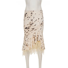 Cyflymder  French retro print lace medium length irregular skirt