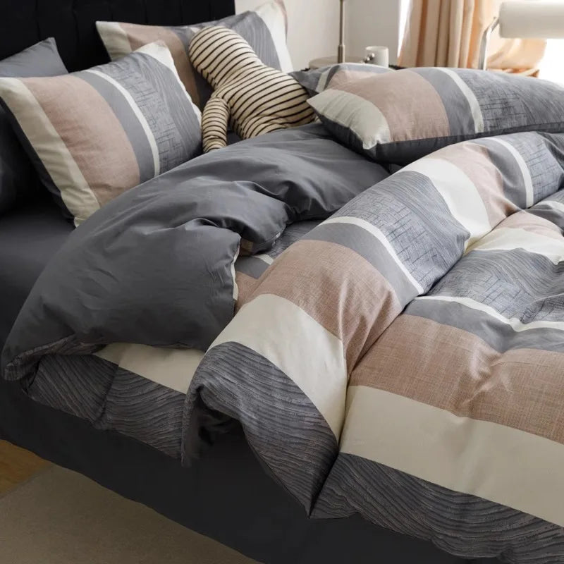 Cyflymder  Simple Nordic Pure Cotton Striped Bedding Set Naked Sleeping Comfortable Duvet Cover Set Fitted Sheet Kit for Single and Double