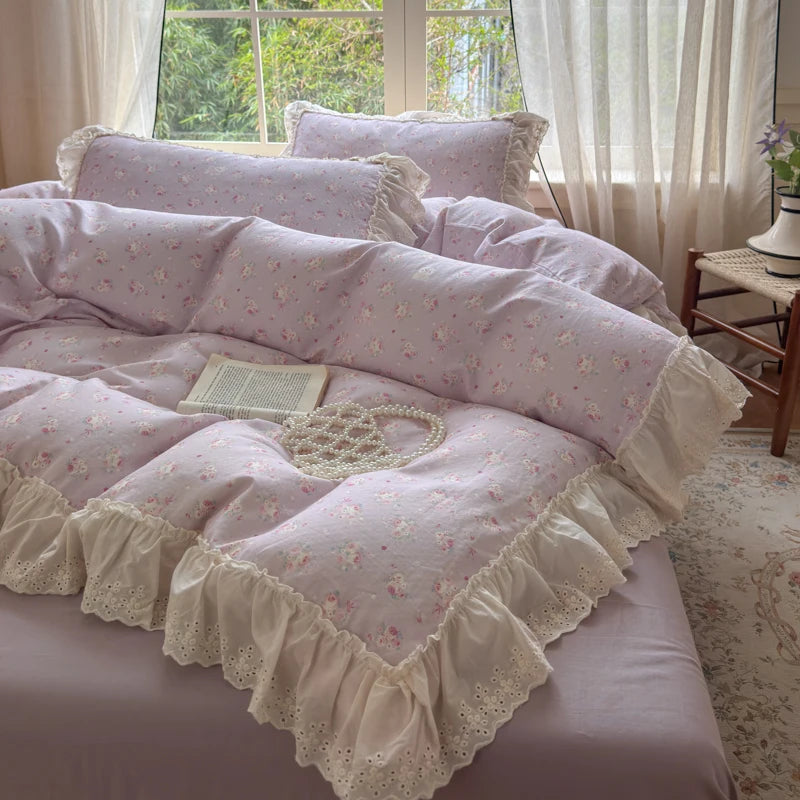 Cyflymder  Korean Princess Style Floral Lace Ruffles Bedding Set 100% Cotton Double Yarn Duvet Cover Flat/Fitted Bed Sheet Pillowcases 4Pcs
