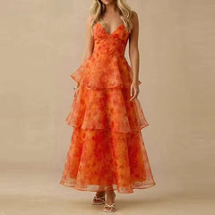 Cyflymder   New Floral Mesh Layered Cake Party Dress Sexy Ladies V Neck Camisole Vacation Dress Sweet Casual Summer Beach Woman Long Dress