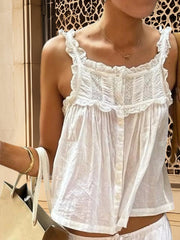 Cyflymder  Women s Sleeveless Lace Patchwork Tank Top with Button Detail and Casual Aesthetic Streetwear Style for Summer Wear