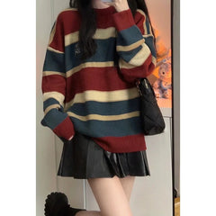Cyflymder  Harajuku Lazy Wind Striped Sweater Women Vintage Oversize Letter Knitted Tops Retro Loose Long Sleeve Pullovers