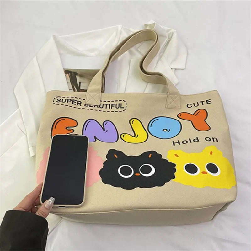 Cyflymder  Letter Printed Tote Bag, Cute Cartoon Canvas Handbag Shoulder Bag, Large Capacity Shopping Bag, Campus Computer School Book Bag