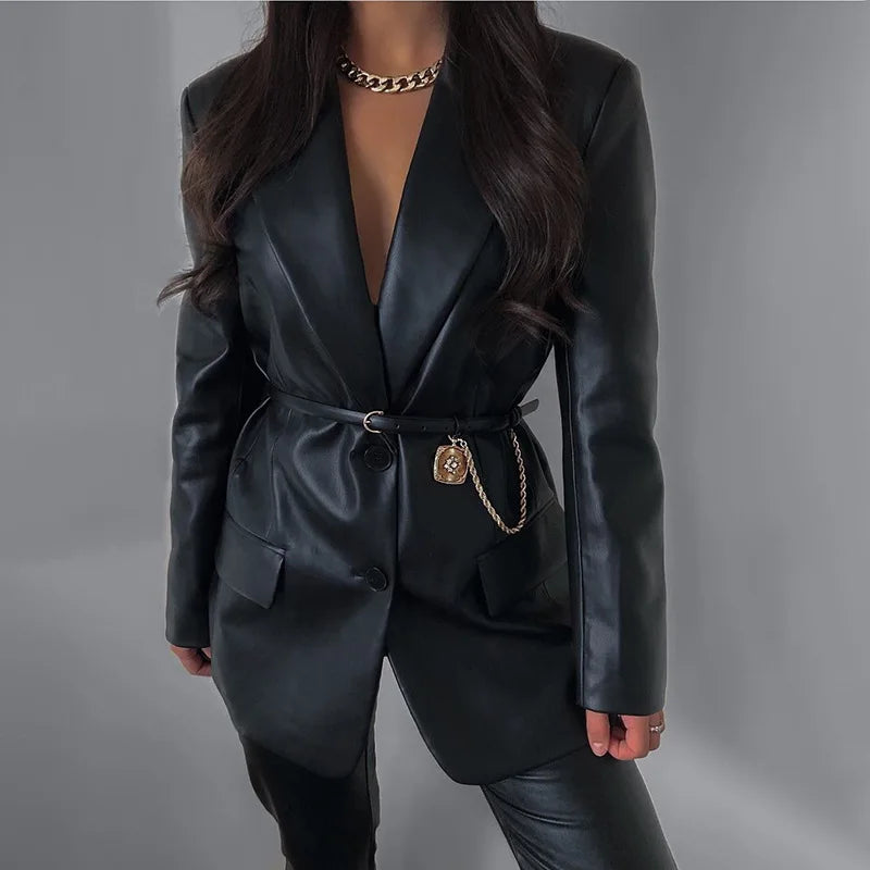 Cyflymder  Faionable Casual Women's Loose Long Pu Leather Jaet Autumn Winter New Sle Leisure Suit Collar Top Outerwear Coat