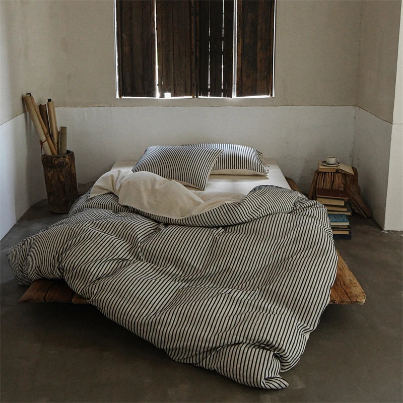 Cyflymder  Linen Cotton Simple Stripes Jacquard Nordic Style Bedding Set Single Double Queen King Duvet Cover Flat/Fitted Sheet Pillowcase