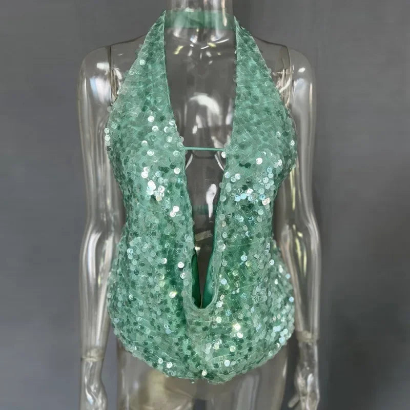 Cyflymder  Sexy Deep V Neck Beach Tank Top Hot Girls Summer Sequins Splicing Sleeveless Top Women Holiday Sexy Backless Camisole