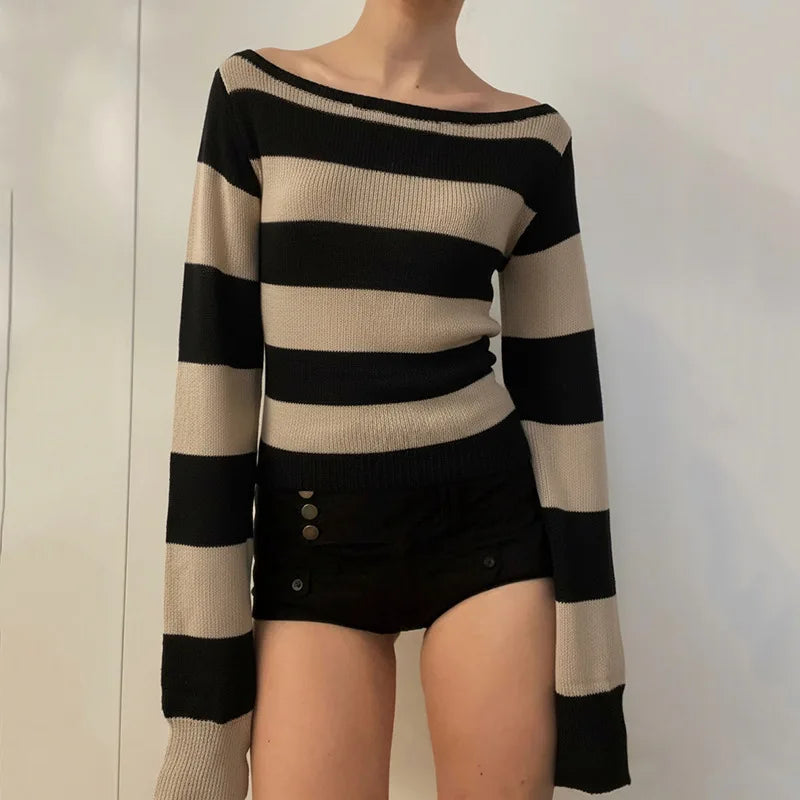 Cyflymder  Euramerican Elegant O Neck Long Sleeve Lazy Sweaters Y2k Constrast Color Stripeddesign Women Punk Pullover Harajuku Basic Jumper
