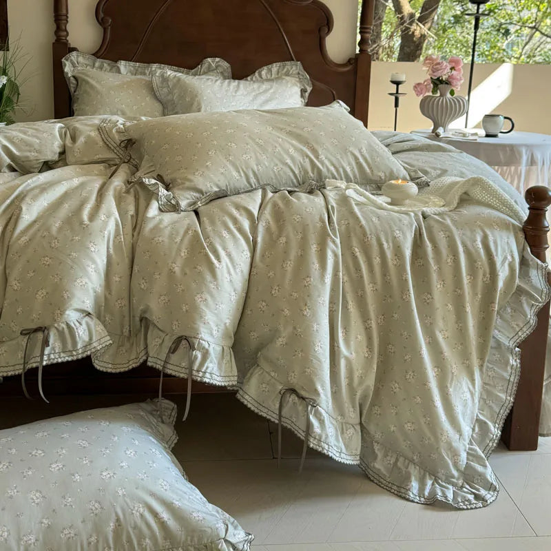 Cyflymder  100% Cotton Pastoral Floral Print Ruffles Bow Princess Bedding Set Queen King Duvet Cover Set Bed Sheet/Fitted Sheet Pillowcases