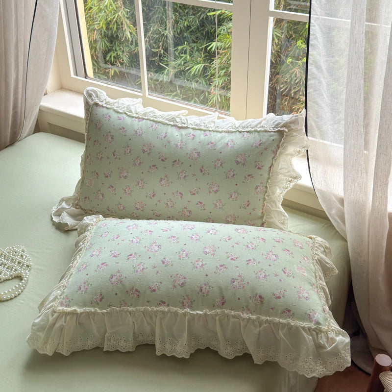 Cyflymder  Korean Princess Style Floral Lace Ruffles Bedding Set 100% Cotton Double Yarn Duvet Cover Flat/Fitted Bed Sheet Pillowcases 4Pcs