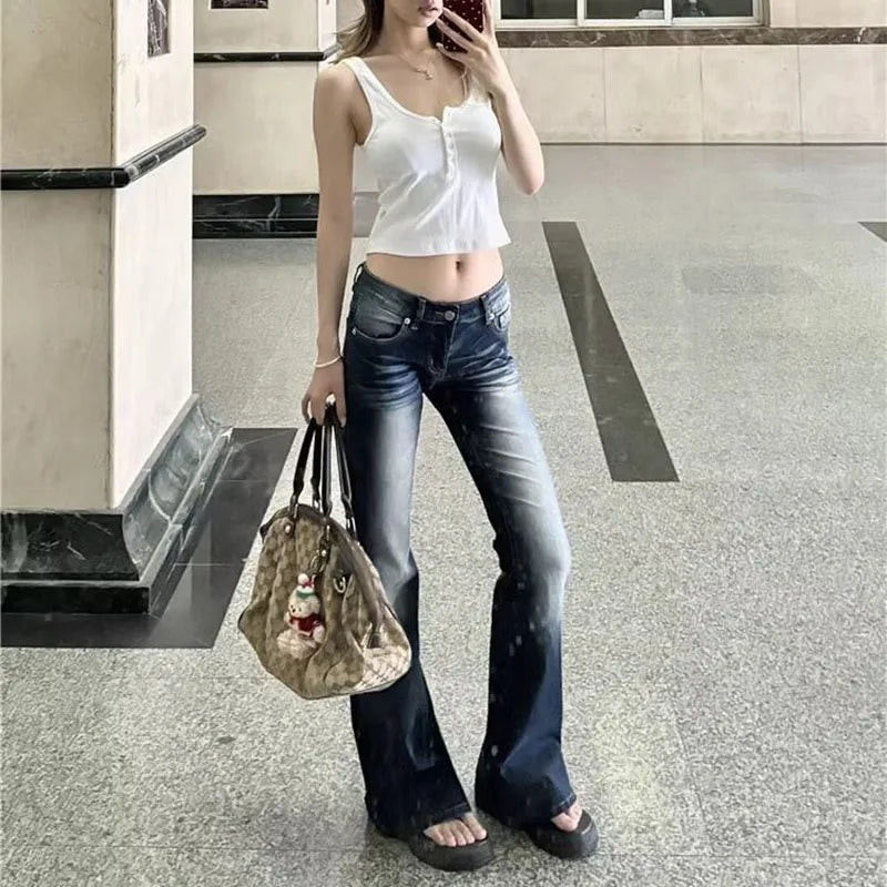 Cyflymder  Women Fashion Washed Denim Flares Pants Korean Style Low-Waist Slimming Wide Leg Jeans Female Streetwear Sexy Slim Y2K Trousers