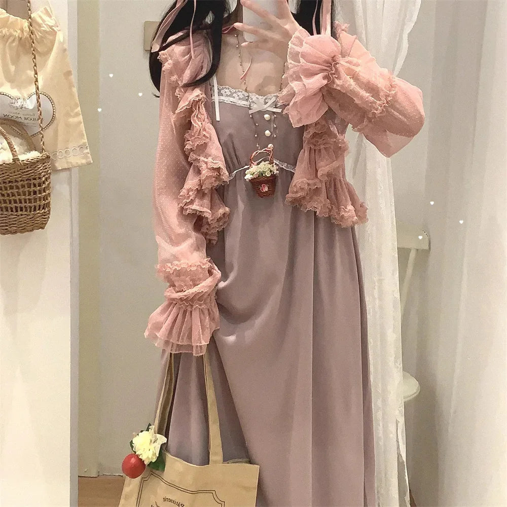 Cyflymder  See Through Long Sleeve Japanese Shrugs Autumn Mesh Ruffle Sweet Cropped Jacket Thin Air Conditioning Shirt Short Sun Protection