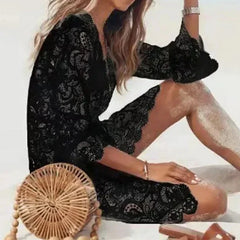 Cyflymder  White Boho Crochet Dress Women Sexy V-neck Scallop Trim Lace High Waisted Beach Sundress Summer Bikinis Cover Ups Beachwear